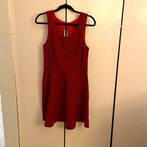 Express dress size medium. Red with thin, horizontal lines in Navy.
